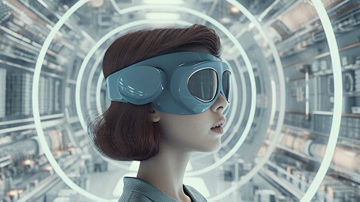 Woman with VR headset inside room with spiral light blue/grey 