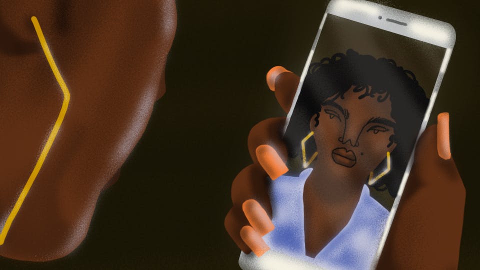Animation of a woman looking at her phone and seeing her reflection.