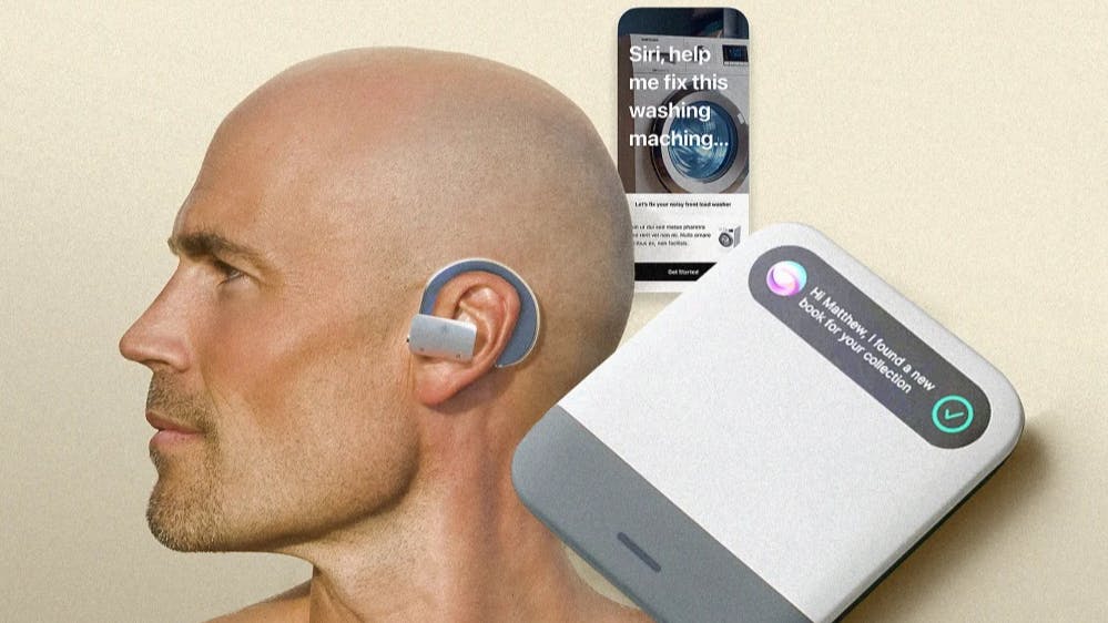 Profile view of man wearing earpiece with renderings of a mobile app and display screen.