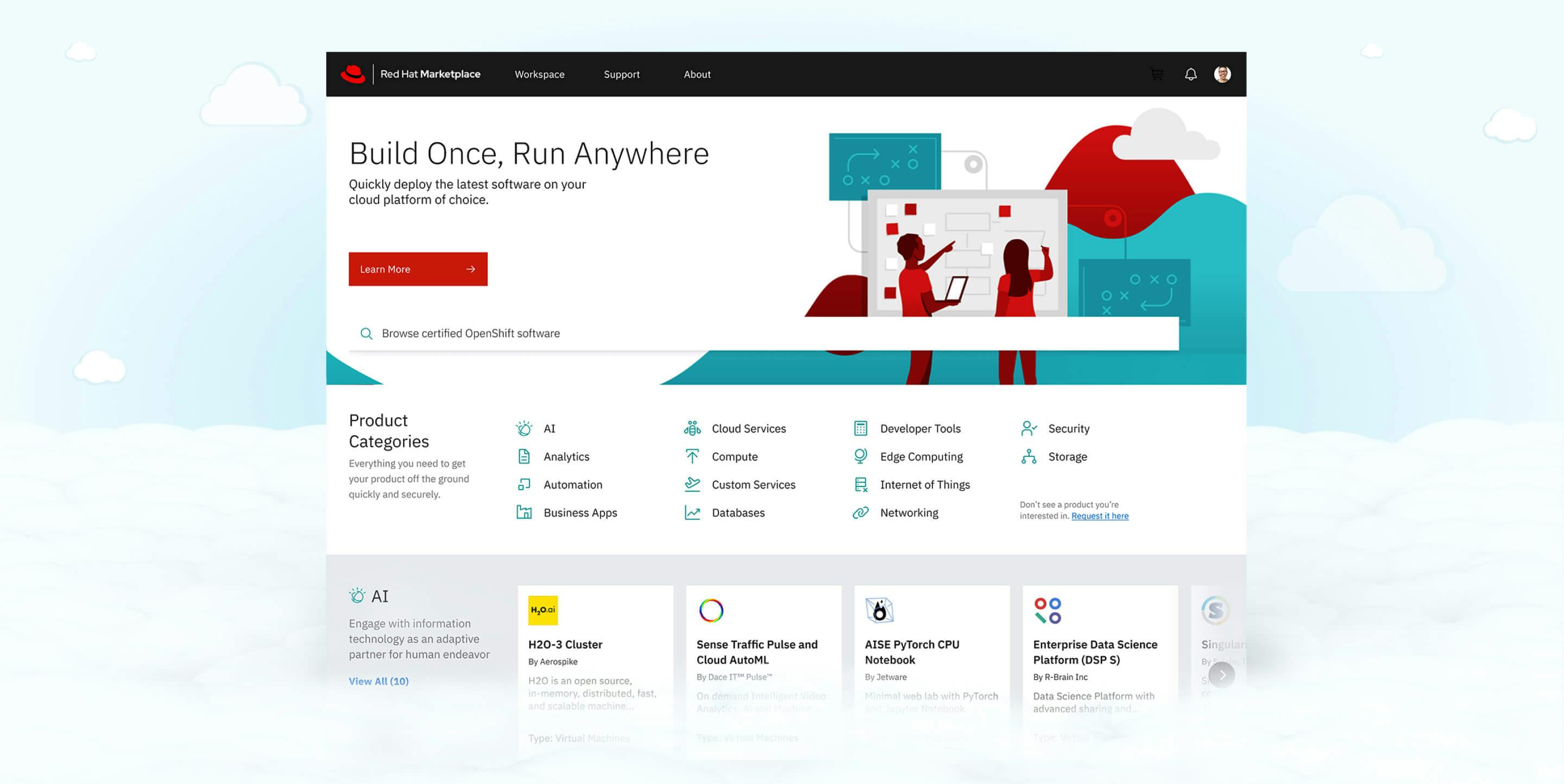 A screen design of IBM Red Hat Marketplace home page