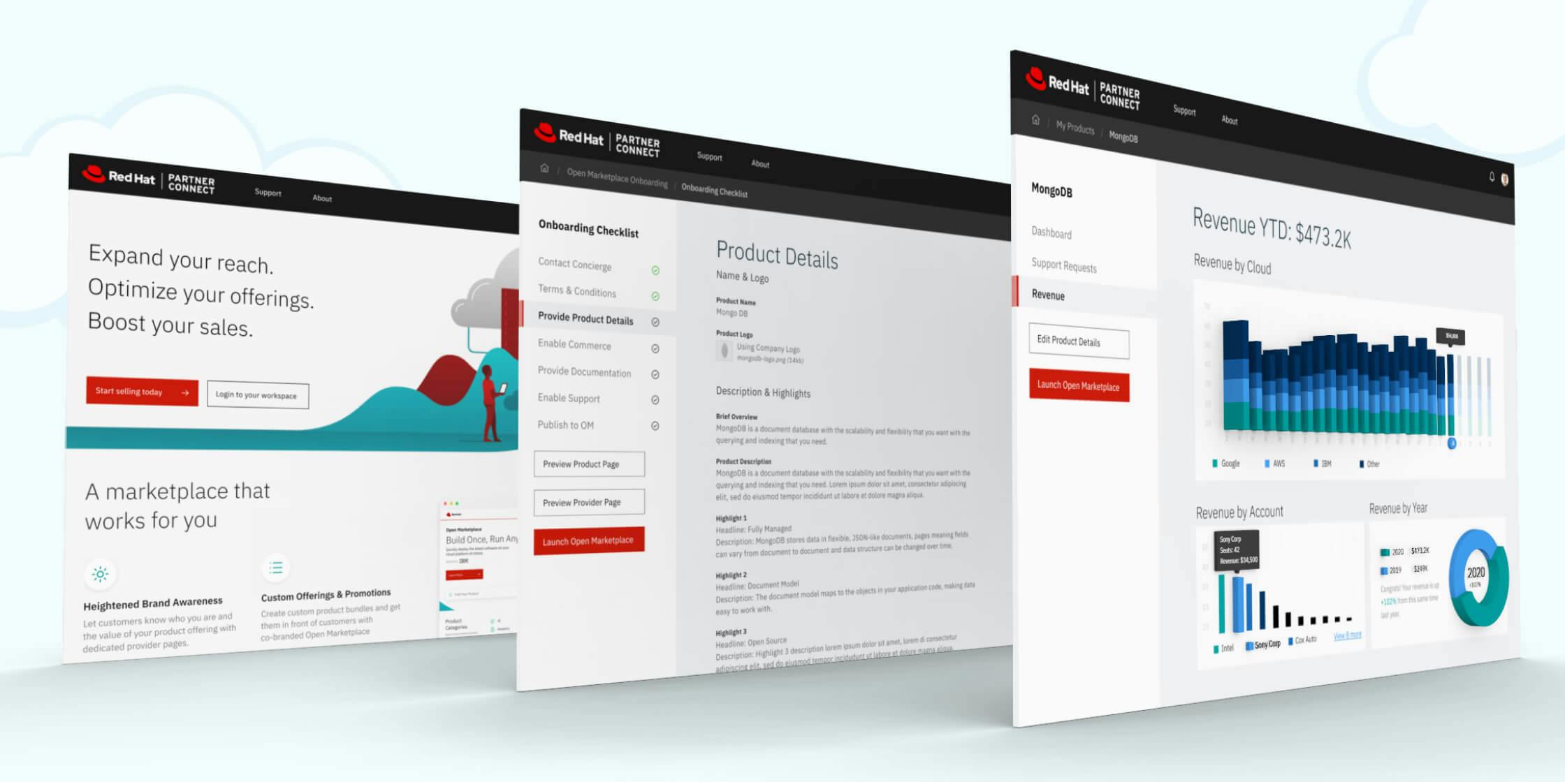 An array of IBM Red Hat Marketplace publishing tool screen designs