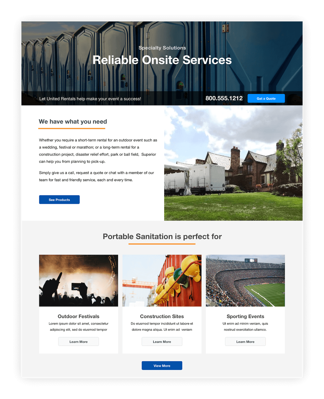 A screen design for united rentals onsite services page