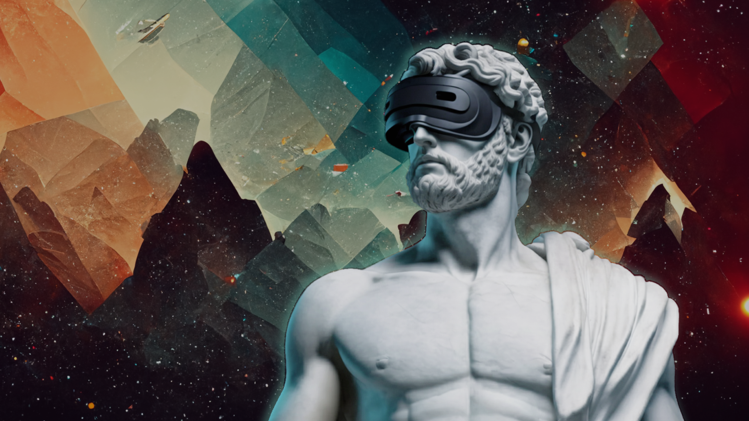Marble statue wearing VR headset with geometric background 