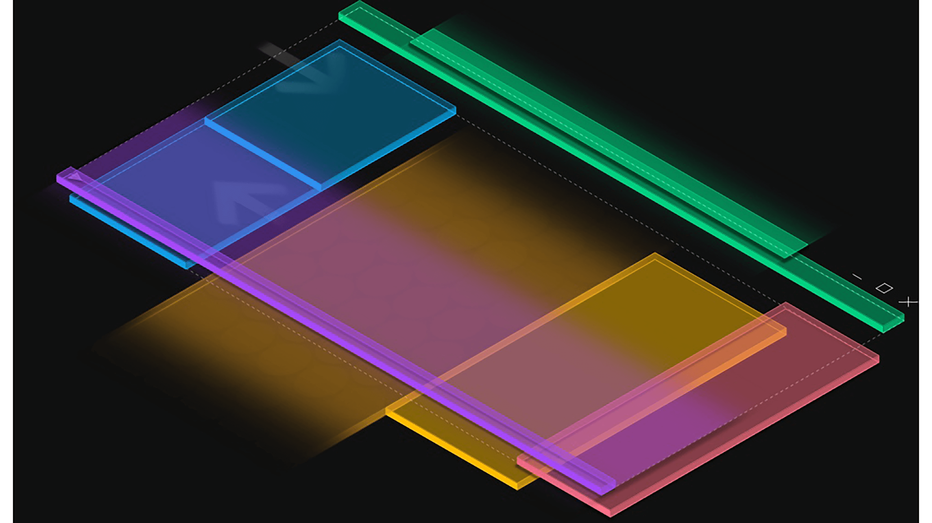 A rendering of color exploration with pink, purple, blue, yellow, and green translucent blocks
