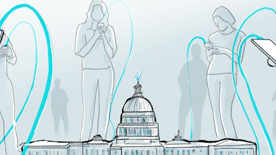 Line drawing of the US Capitol with drawings of people around it looking at their smartphones.