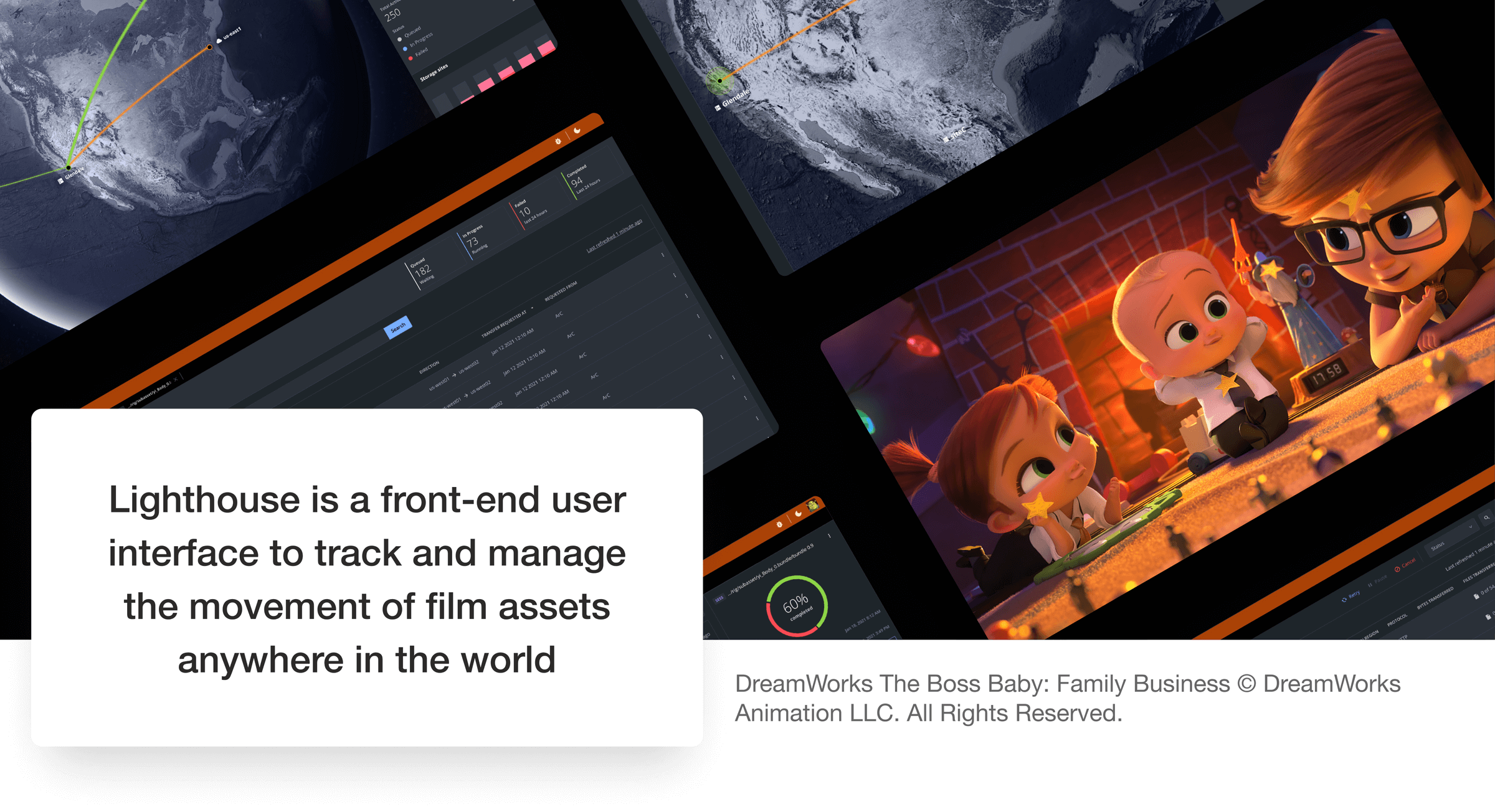 A message reads "Lighthouse is a front-end user interface to track and manage the movement of film assets anywhere in the world" layered over an array of screen designs