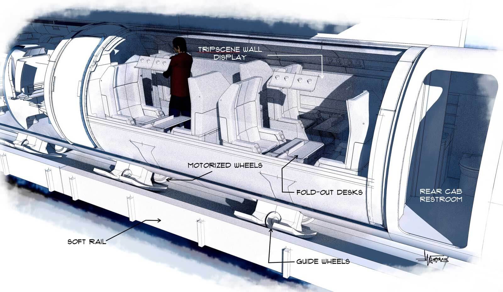 A cut-away rendering of the Hyperloop cabin