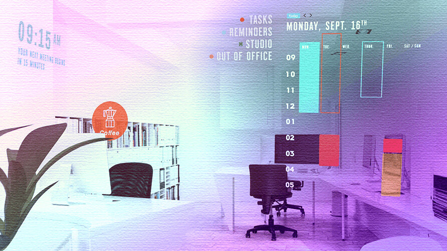 A physical office with MR overlays showing time, date, and bar graphs.