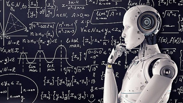 A humanoid robot with its hand under its chin against a backdrop with mathematical formulas.
