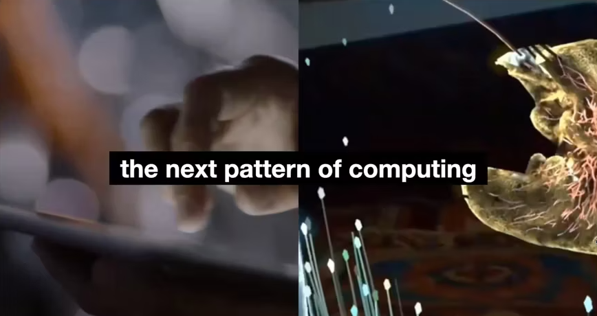 Collage of hand typing and light captioned 'the next pattern of computing'