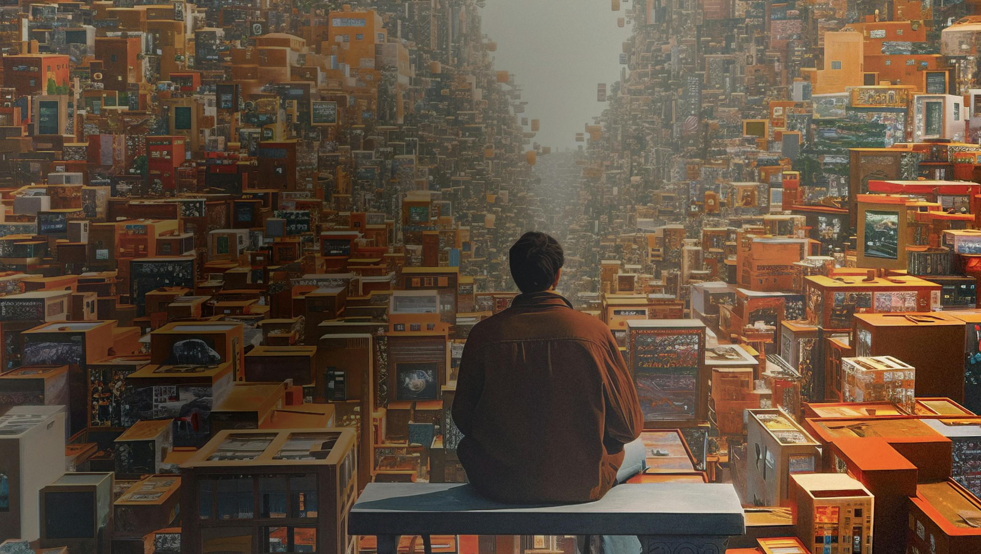 An AI-generated image of a man looking out on a vast library of content, representing Extended Reality